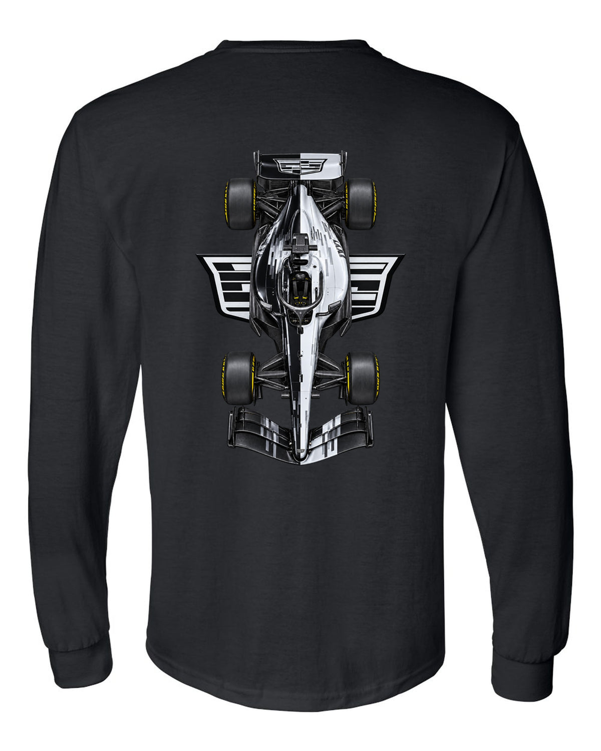 Cadillac MAC-26 Formula 1 overhead poster artwork black long sleeve back view with the design