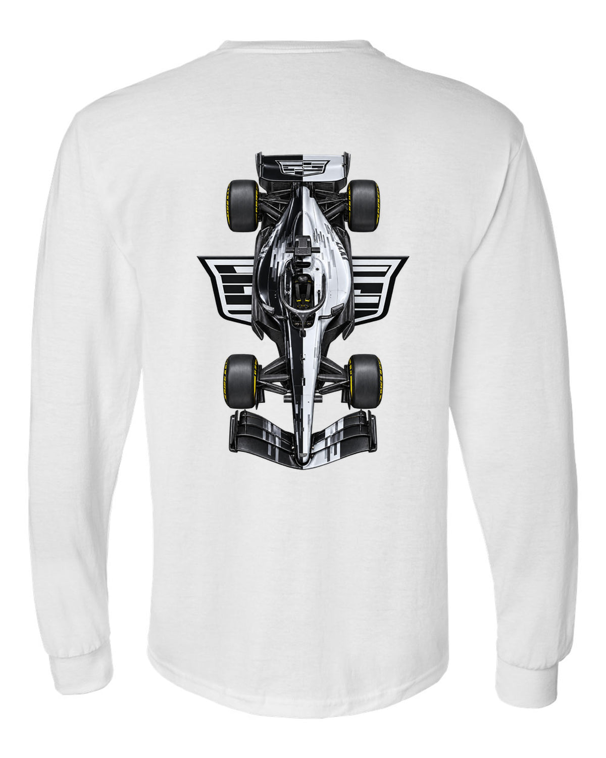 Cadillac MAC-26 Formula 1 overhead poster artwork white long sleeve back view with the design