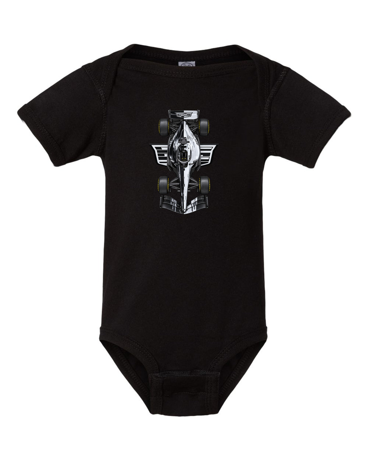Cadillac MAC-26 Formula 1 overhead poster artwork black baby onesie front view with the design