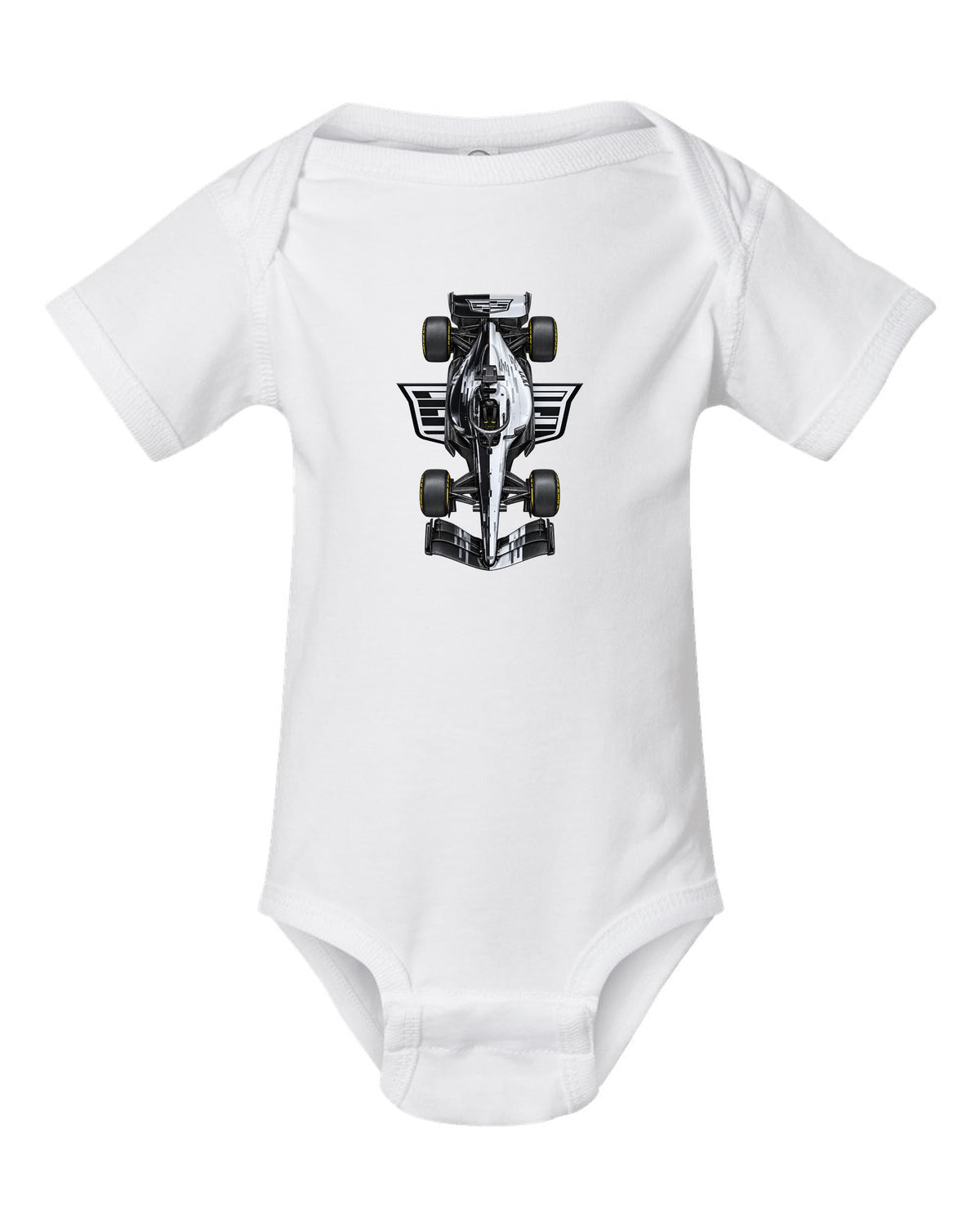 Cadillac MAC-26 Formula 1 overhead poster artwork white baby onesie front view with the design