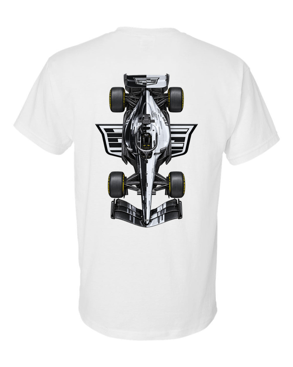 Cadillac MAC-26 Formula 1 overhead poster artwork white t-shirt back view with the design