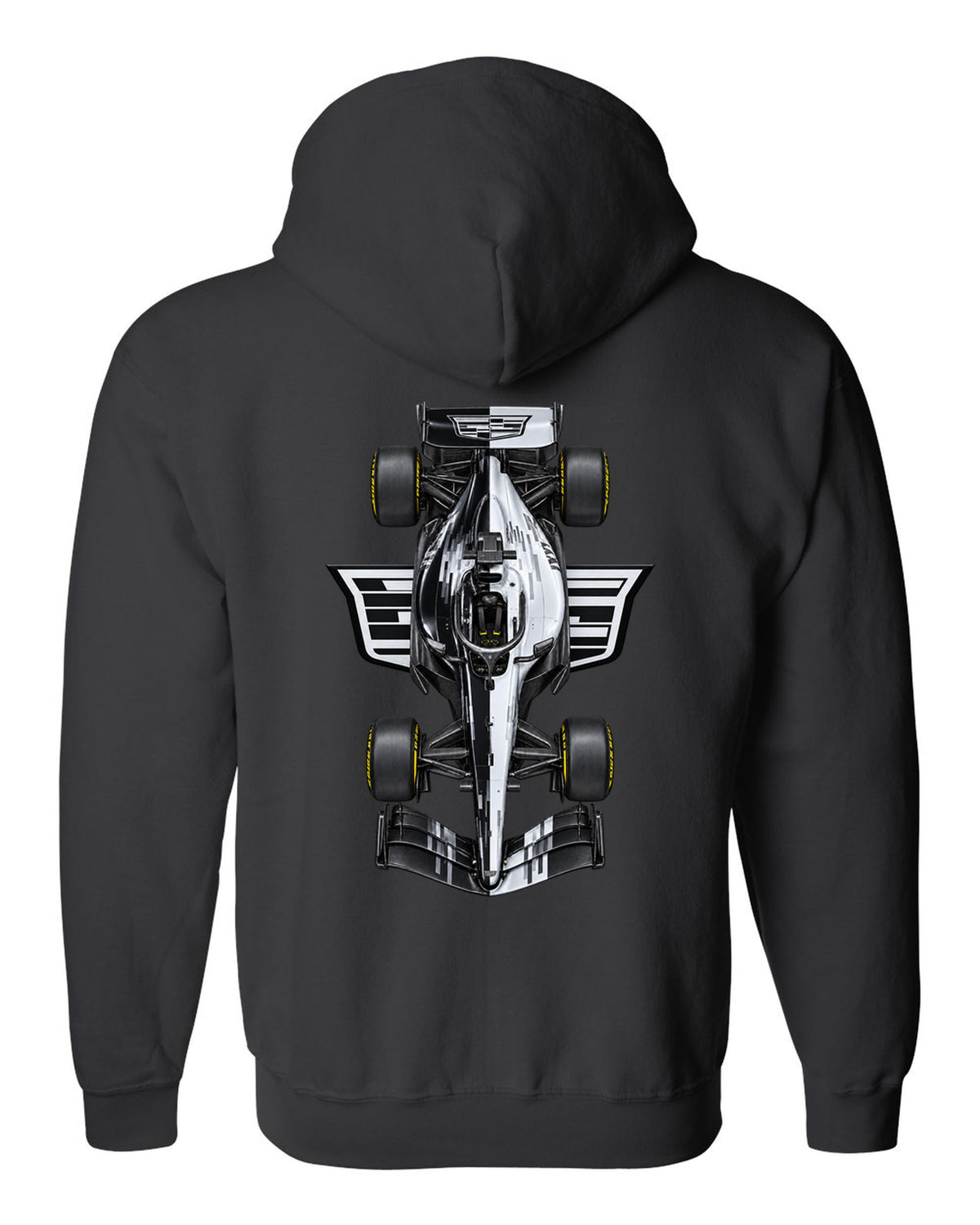 Cadillac MAC-26 Formula 1 overhead poster artwork black zip hoodie back view with the design