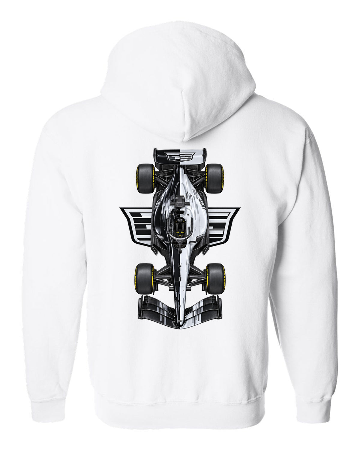 Cadillac MAC-26 Formula 1 overhead poster artwork white zip hoodie back view with the design