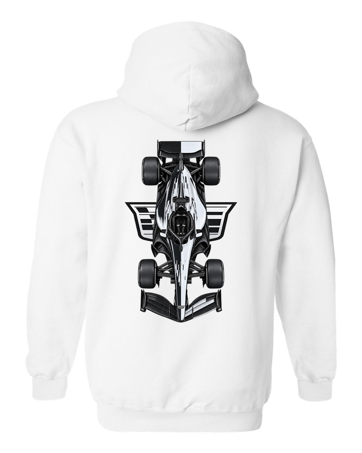 Cadillac MAC-26 Formula 1 overhead poster artwork white pull over hoodie back view with the design