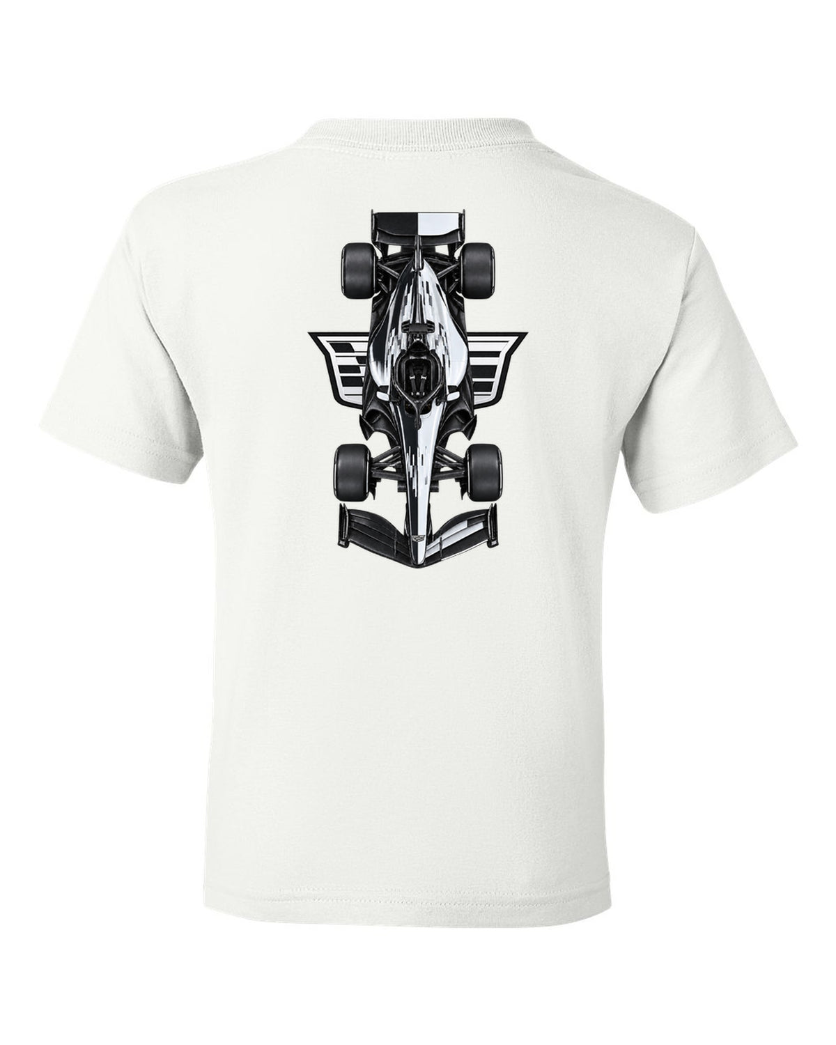 Cadillac MAC-26 Formula 1 overhead poster artwork white kids tee back view with the design