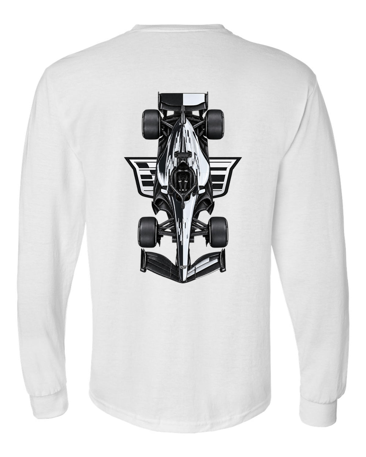 Cadillac MAC-26 Formula 1 overhead poster artwork white long sleeve back view with the design