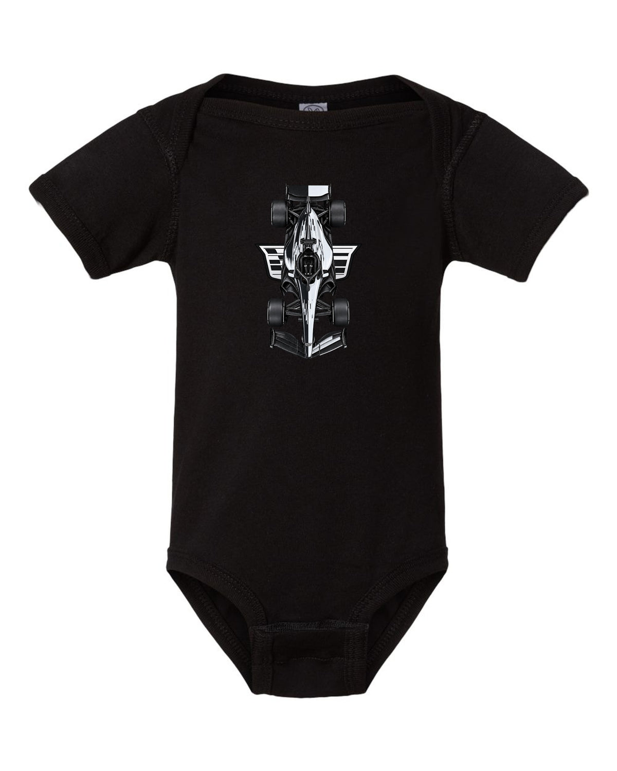 Cadillac MAC-26 Formula 1 overhead poster artwork black baby onesie front view with the design