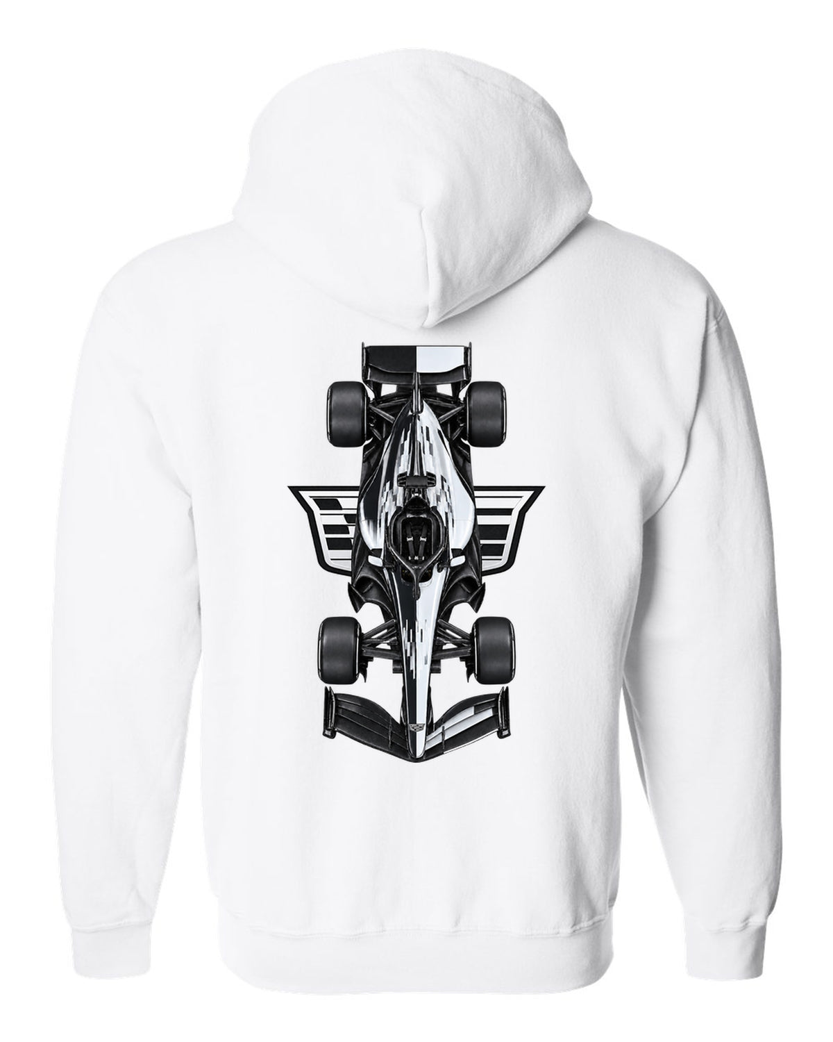 Cadillac MAC-26 Formula 1 overhead poster artwork white zip hoodie back view with the design