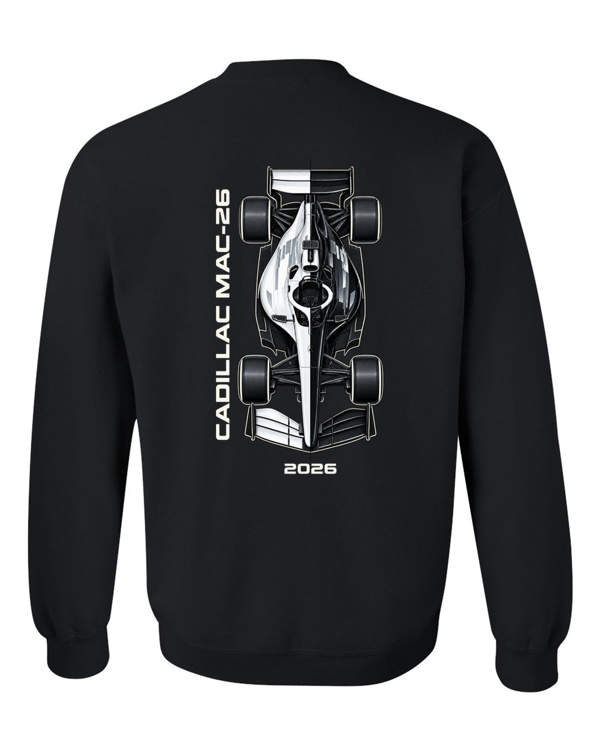 Cadillac MAC-26 2026 F1 car technical poster artwork black crewneck back view with the design