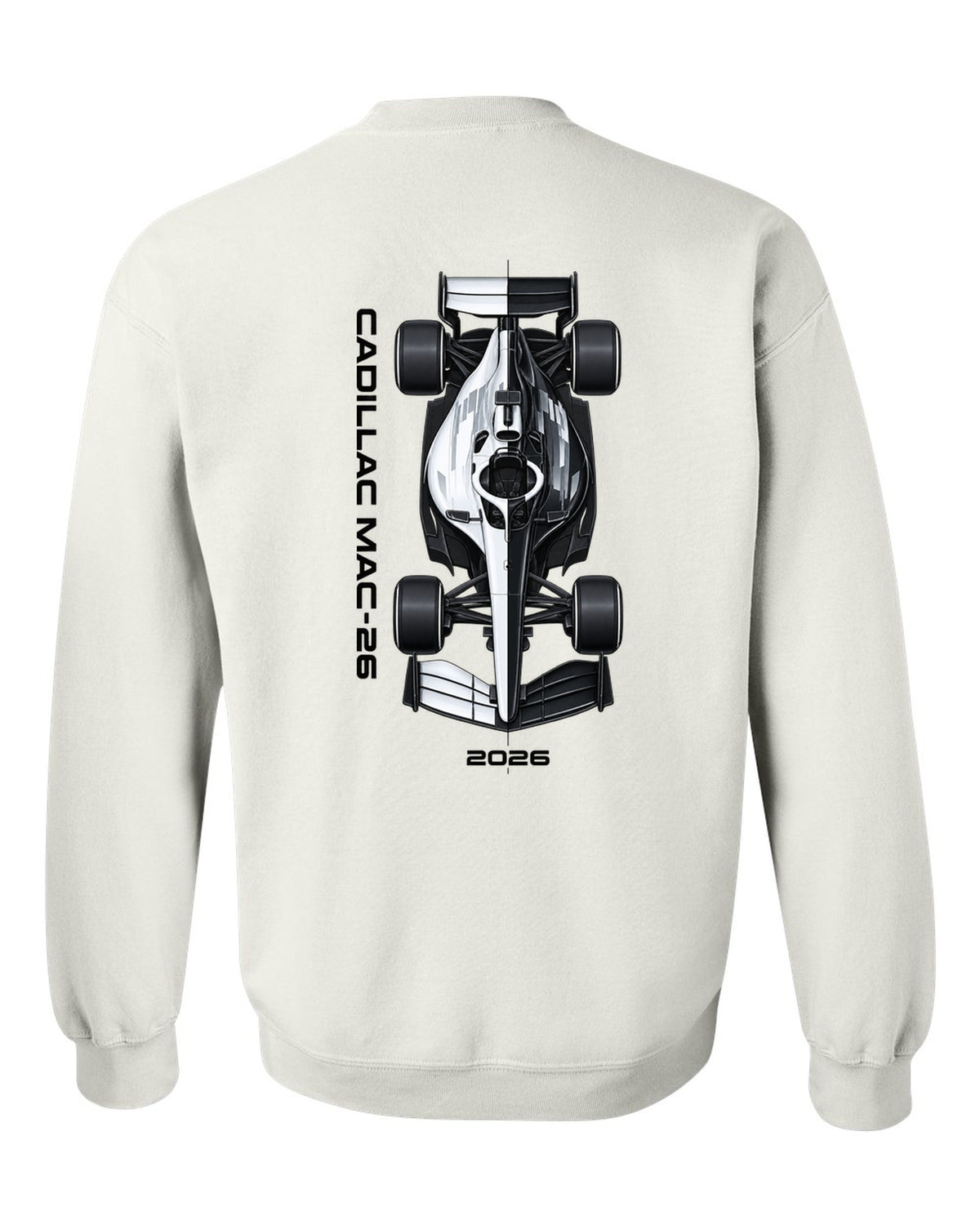 Cadillac MAC-26 2026 F1 car technical poster artwork white crewneck back view with the design