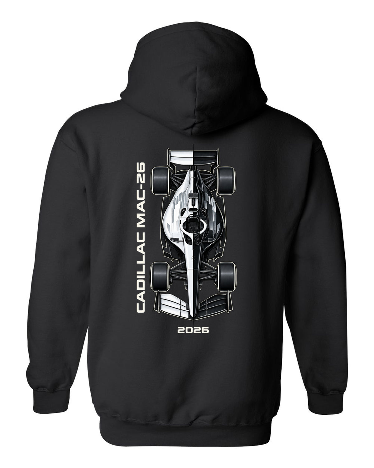 Cadillac MAC-26 2026 F1 car technical poster artwork black pull over hoodie back view with the design