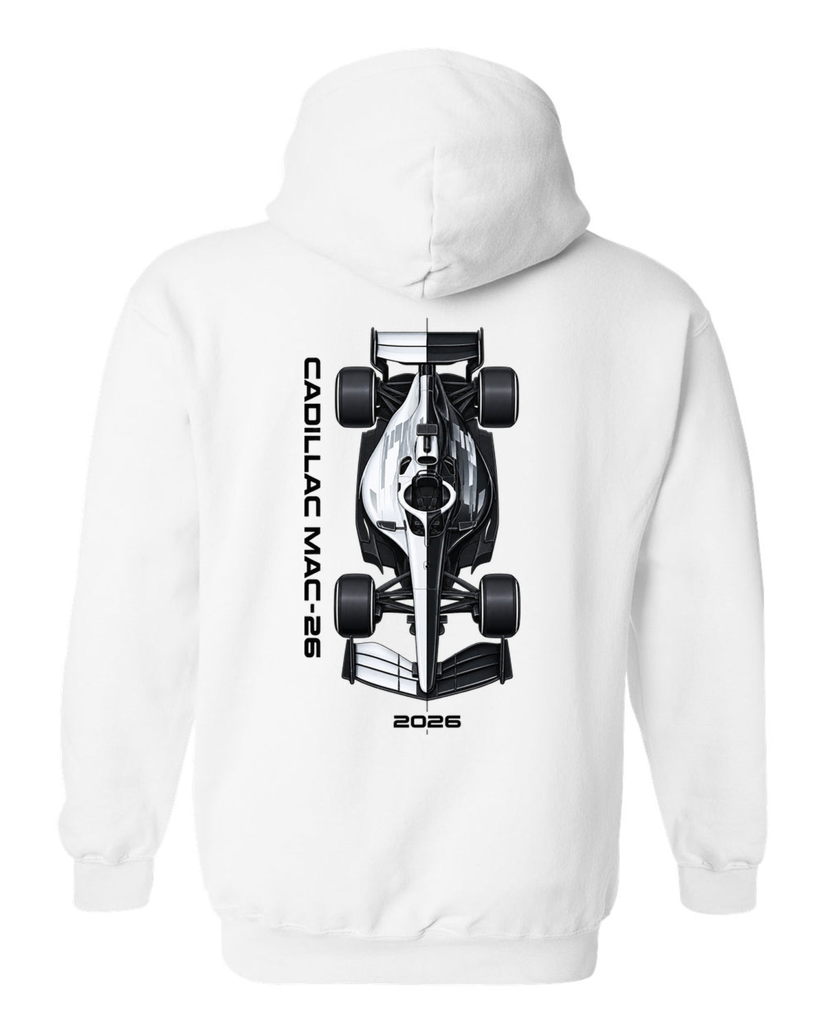 Cadillac MAC-26 2026 F1 car technical poster artwork white pull over hoodie back view with the design