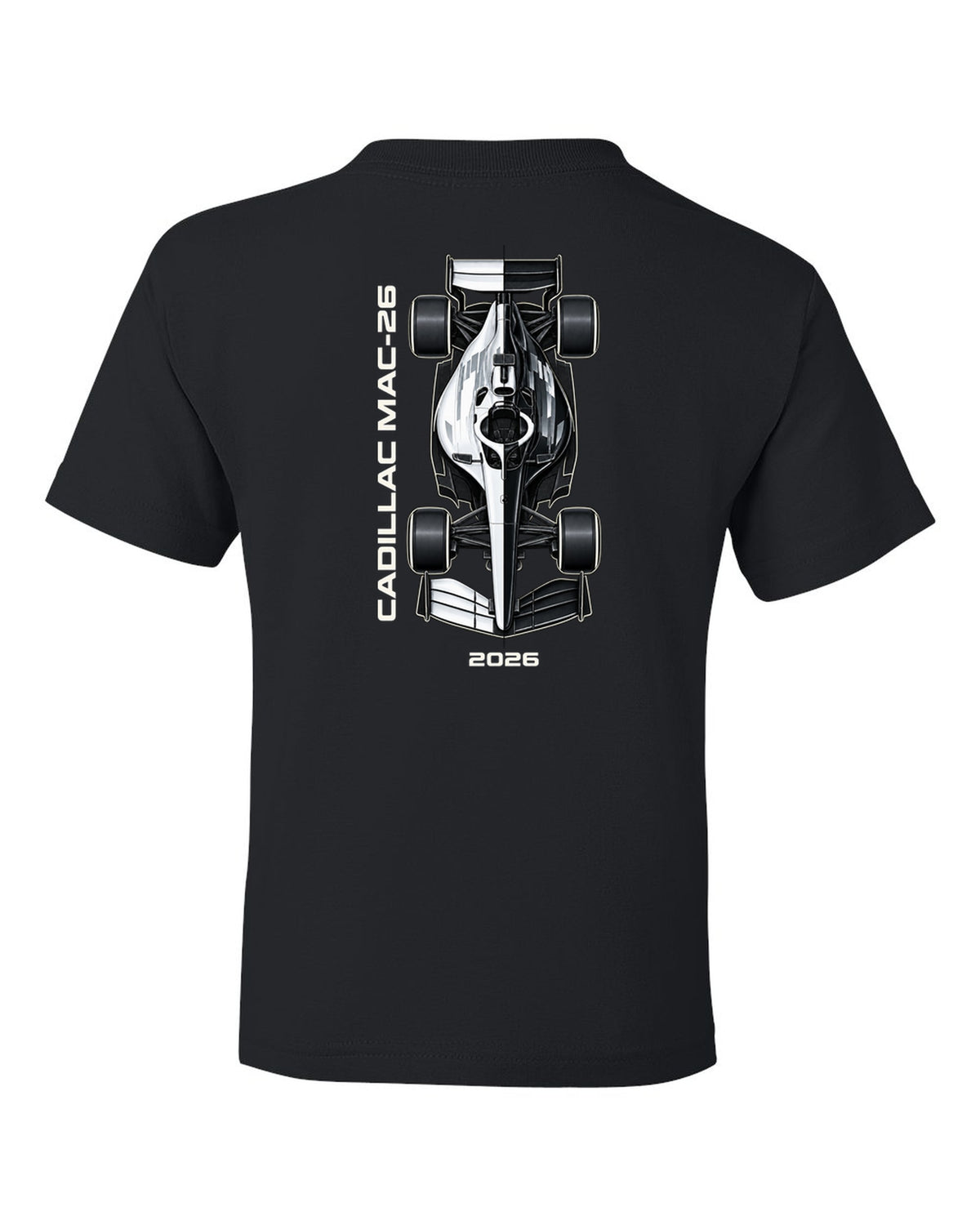 Cadillac MAC-26 2026 F1 car technical poster artwork black kids tee back view with the design