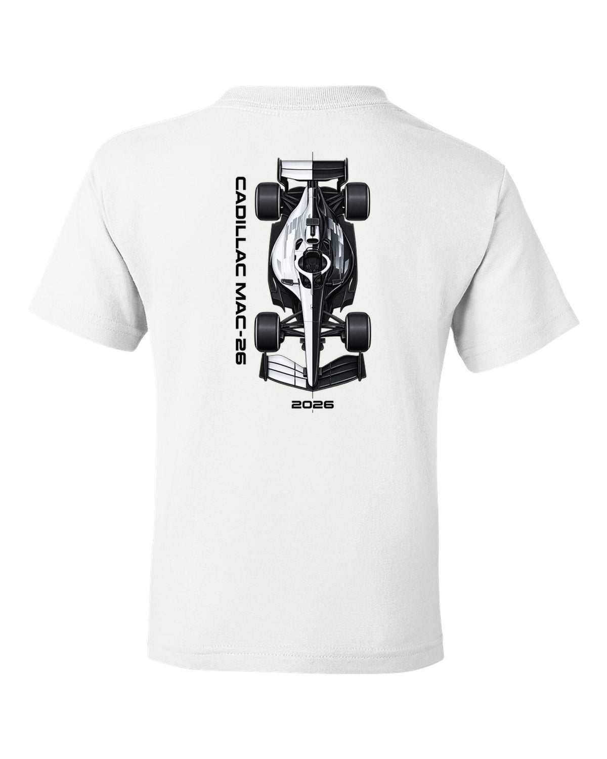 Cadillac MAC-26 2026 F1 car technical poster artwork white kids tee back view with the design
