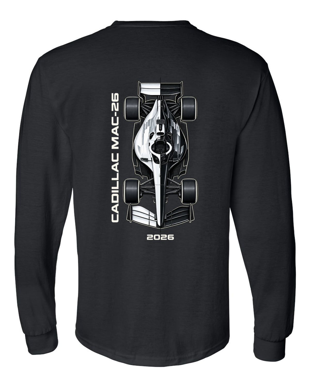 Cadillac MAC-26 2026 F1 car technical poster artwork black long sleeve back view with the design