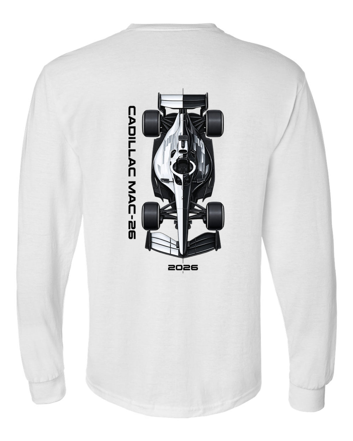 Cadillac MAC-26 2026 F1 car technical poster artwork white long sleeve back view with the design