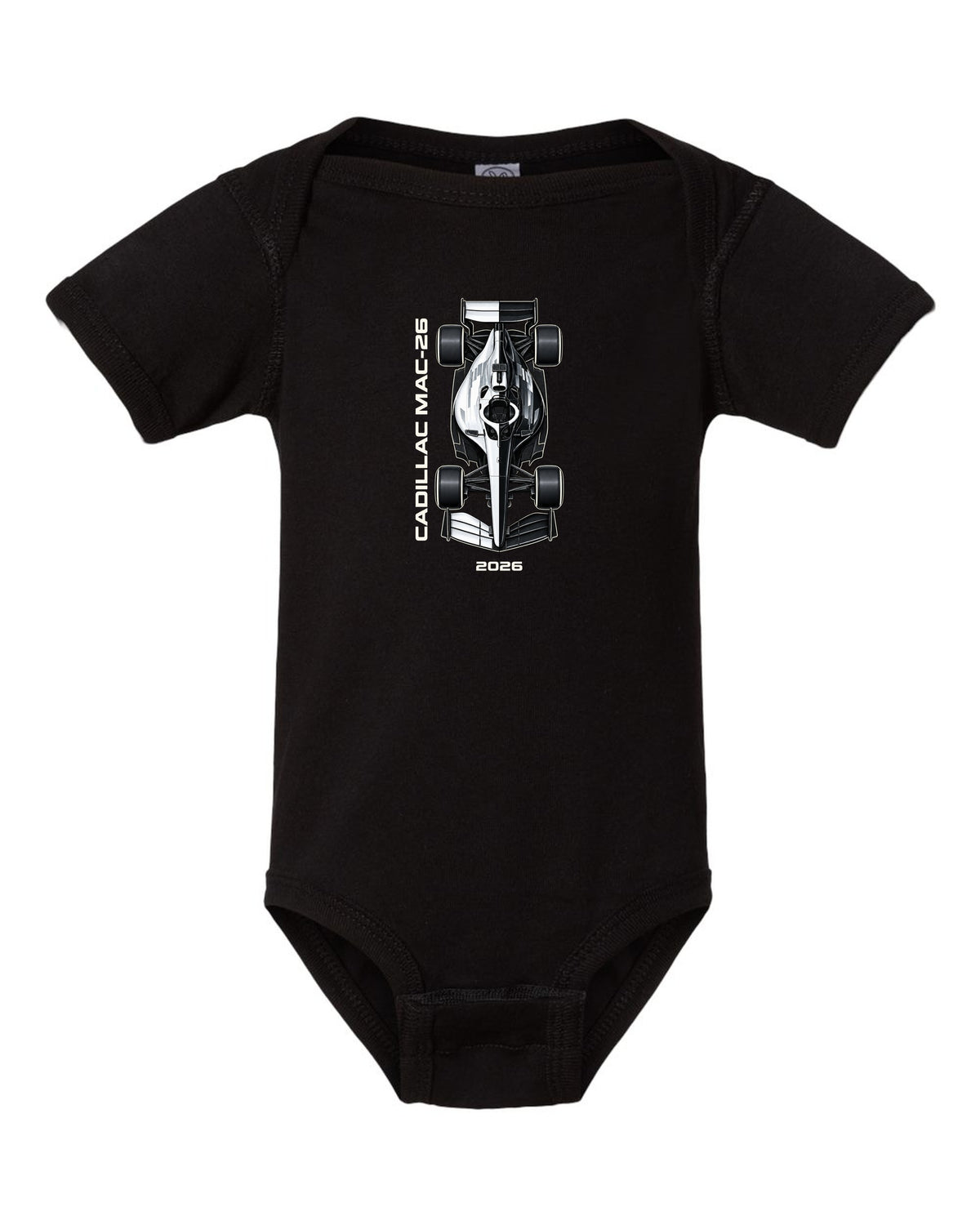 Cadillac MAC-26 2026 F1 car technical poster artwork black baby onesie front view with the design
