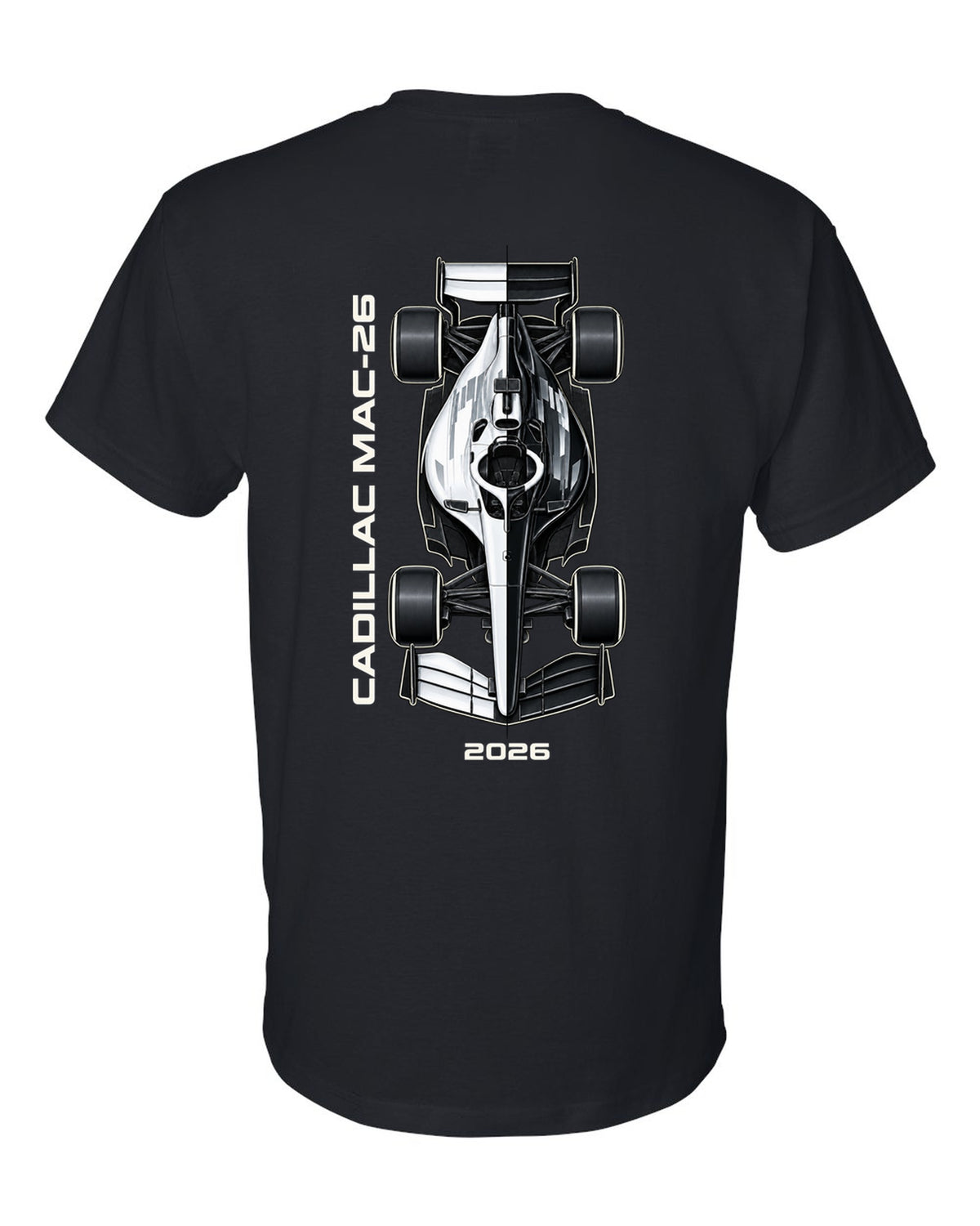Cadillac MAC-26 2026 F1 car technical poster artwork black t-shirt back view with the design