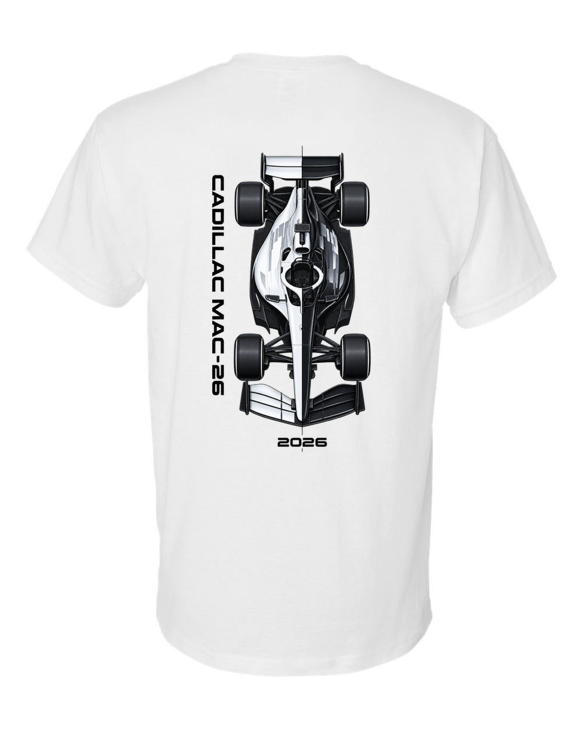 Cadillac MAC-26 2026 F1 car technical poster artwork white t-shirt back view with the design