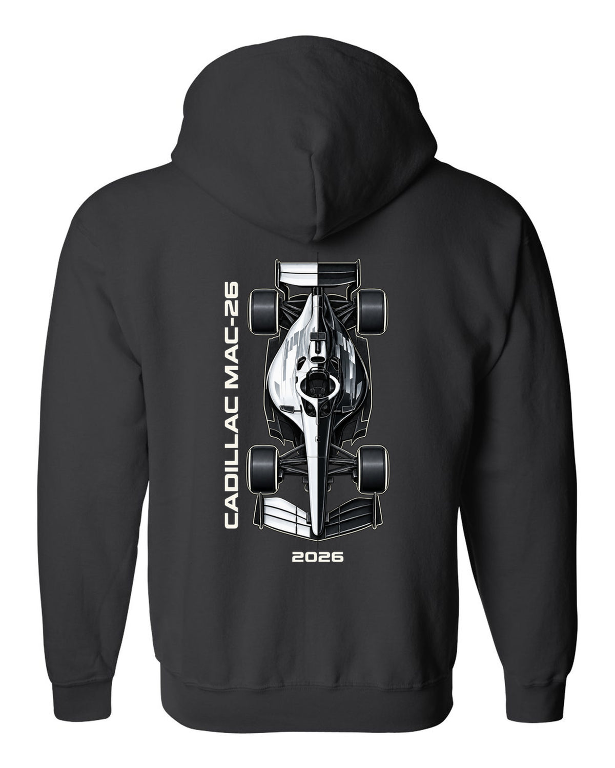 Cadillac MAC-26 2026 F1 car technical poster artwork black zip hoodie back view with the design