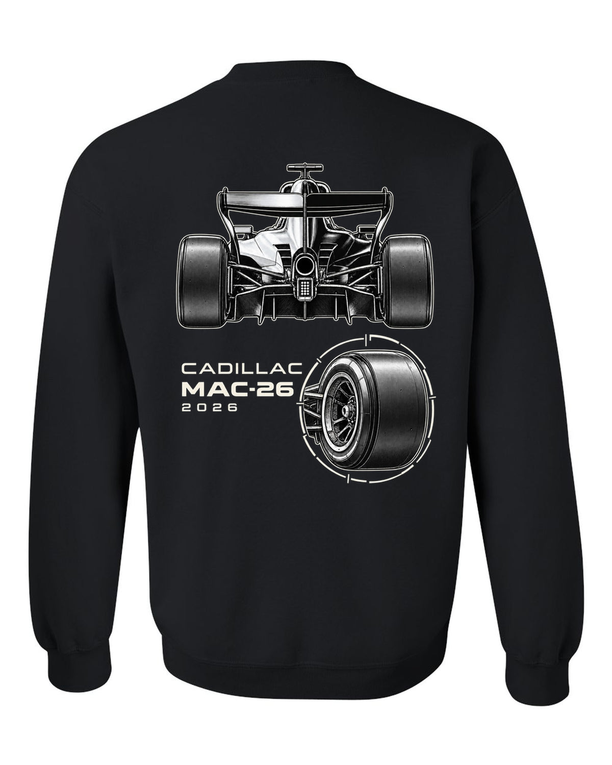 Cadillac MAC-26 2026 F1 car technical poster artwork black crewneck back view with the design