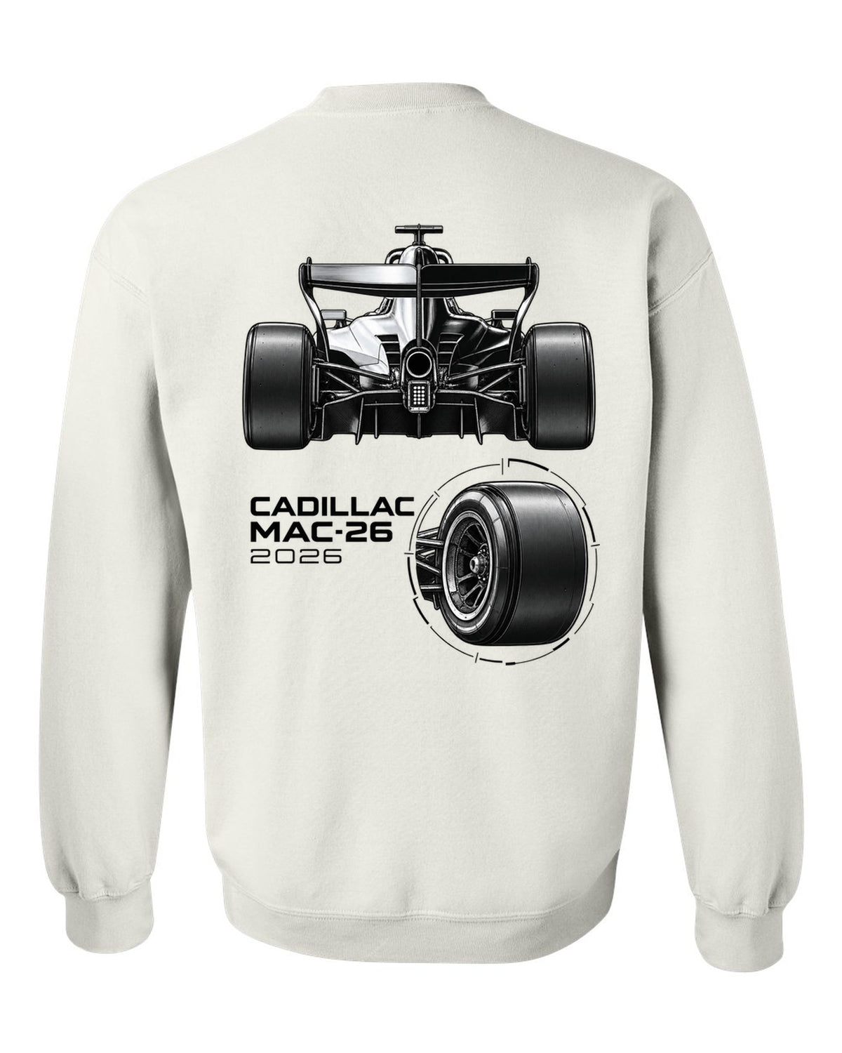 Cadillac MAC-26 2026 F1 car technical poster artwork white crewneck back view with the design