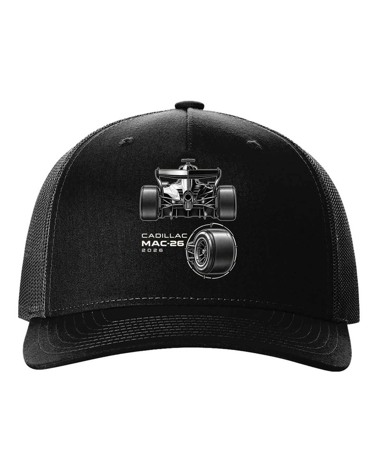 Cadillac MAC-26 2026 F1 car technical poster artwork black hat front view with the design
