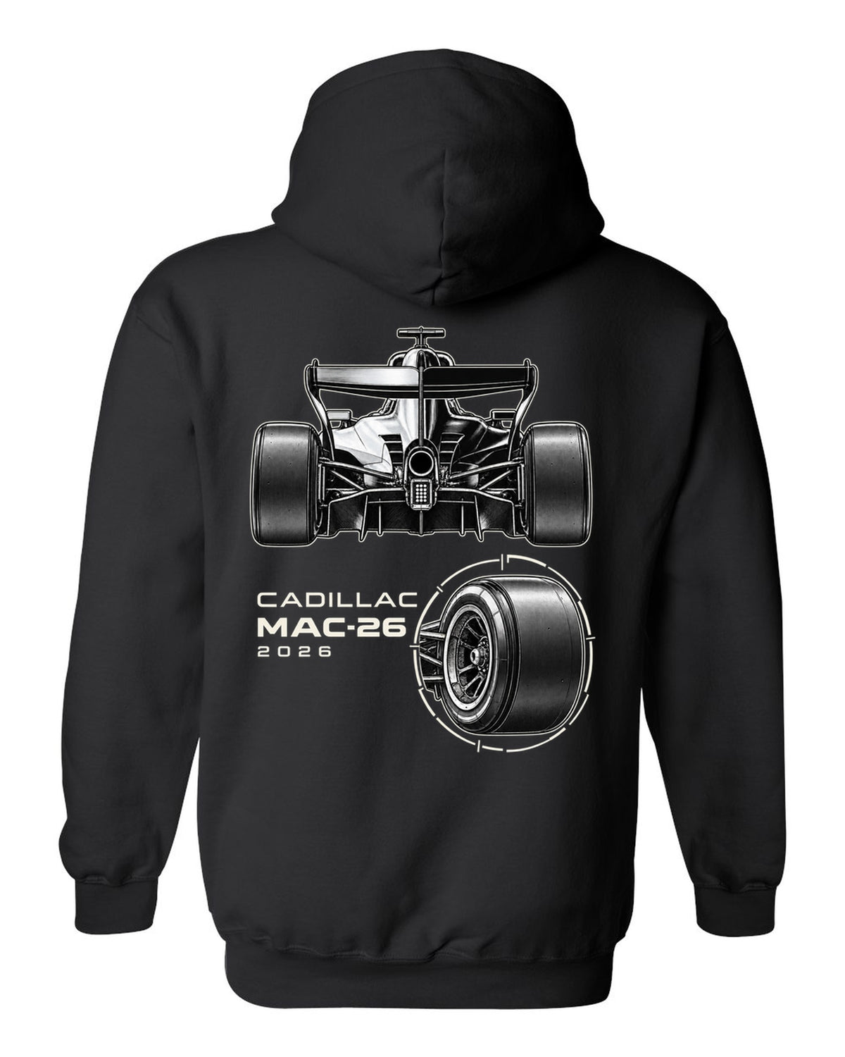 Cadillac MAC-26 2026 F1 car technical poster artwork black pull over hoodie back view with the design