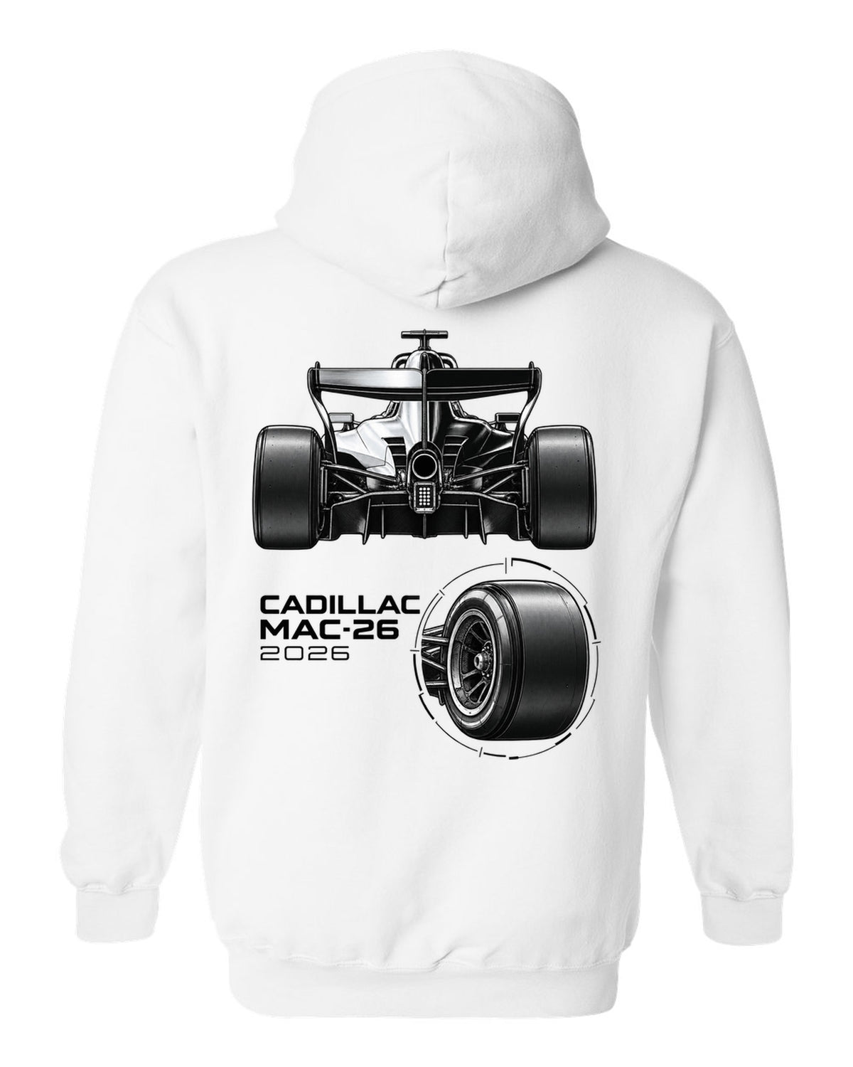 Cadillac MAC-26 2026 F1 car technical poster artwork white pull over hoodie back view with the design