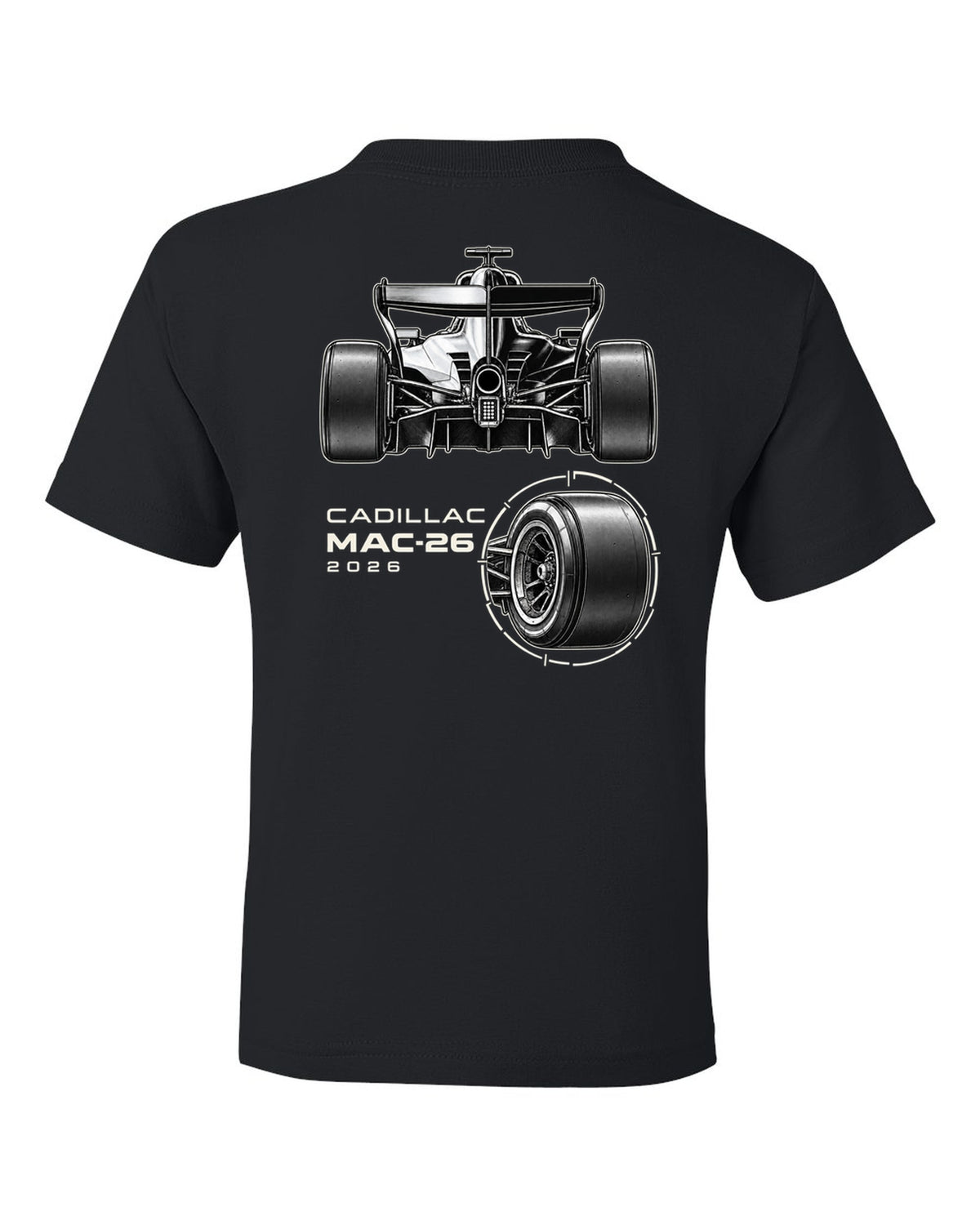 Cadillac MAC-26 2026 F1 car technical poster artwork black kids tee back view with the design