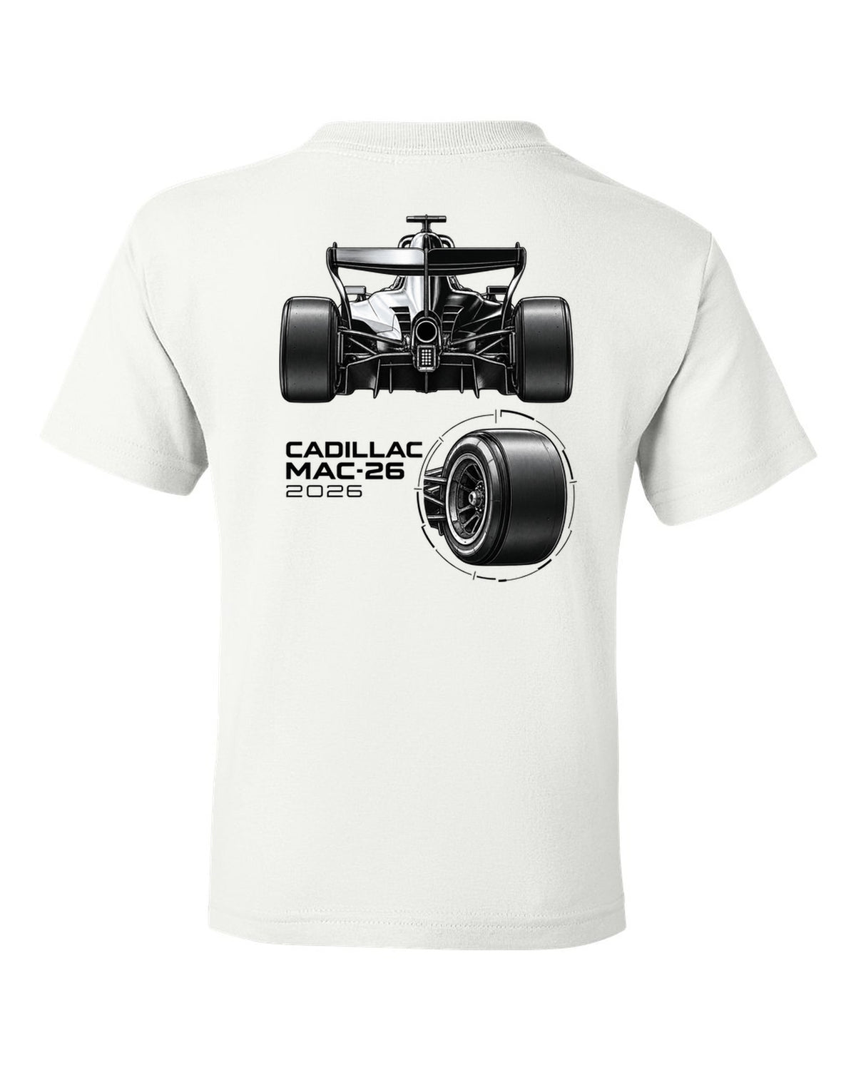 Cadillac MAC-26 2026 F1 car technical poster artwork white kids tee back view with the design