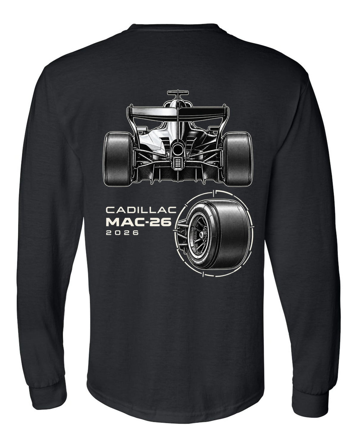 Cadillac MAC-26 2026 F1 car technical poster artwork black long sleeve back view with the design