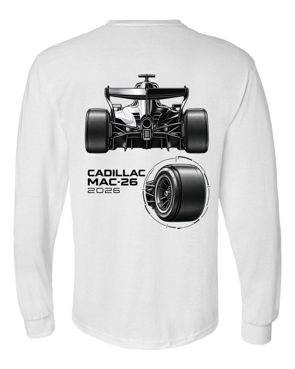 Cadillac MAC-26 2026 F1 car technical poster artwork white long sleeve back view with the design