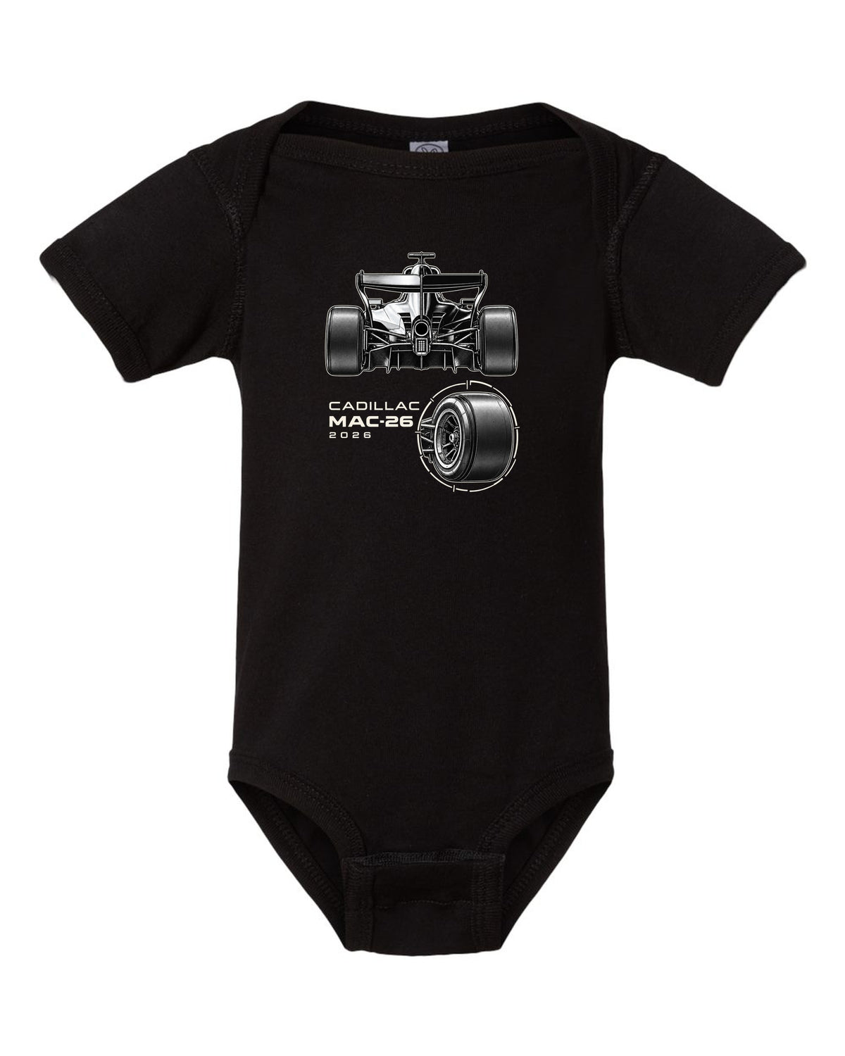 Cadillac MAC-26 2026 F1 car technical poster artwork black baby onesie front view with the design