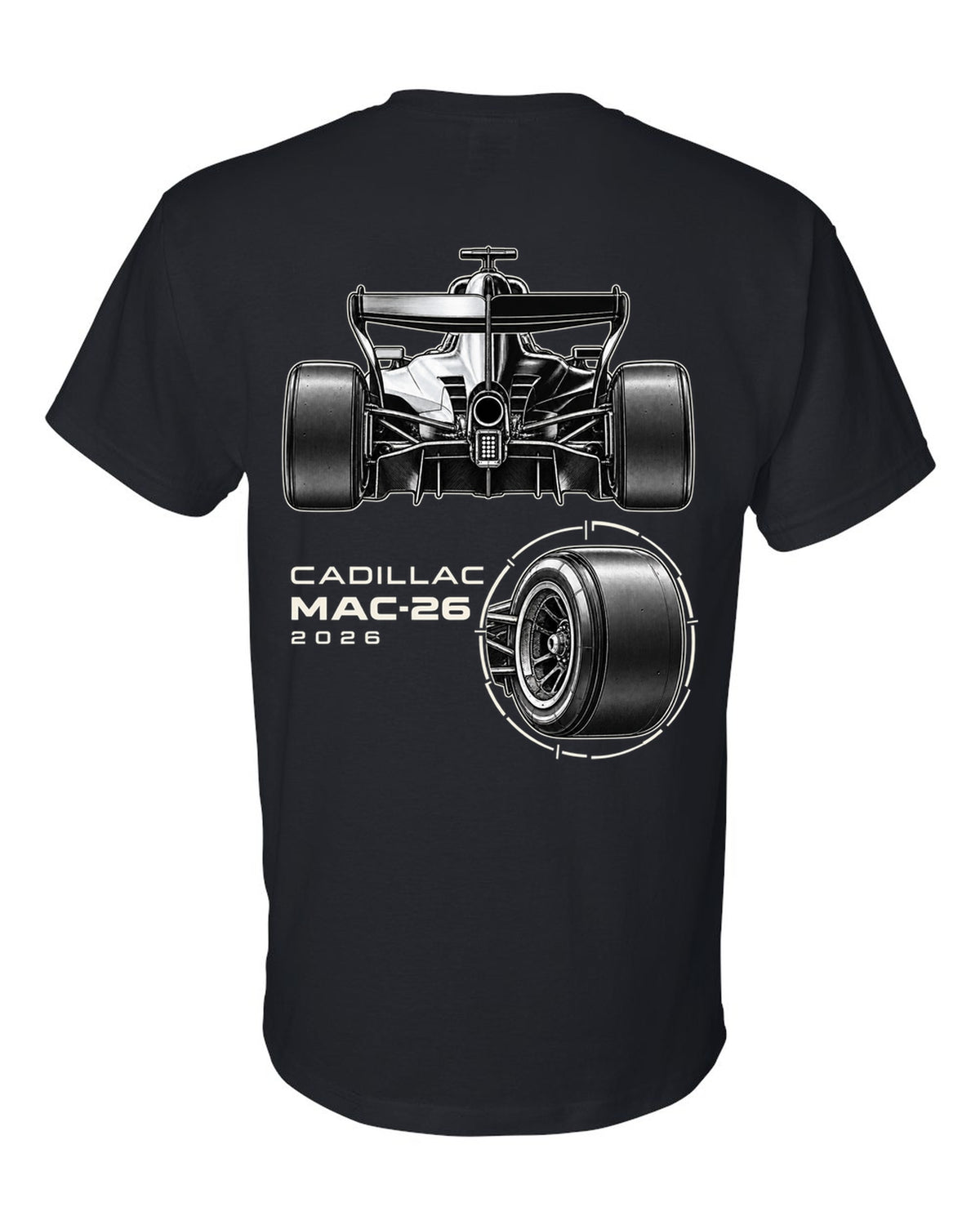 Cadillac MAC-26 2026 F1 car technical poster artwork black t-shirt back view with the design