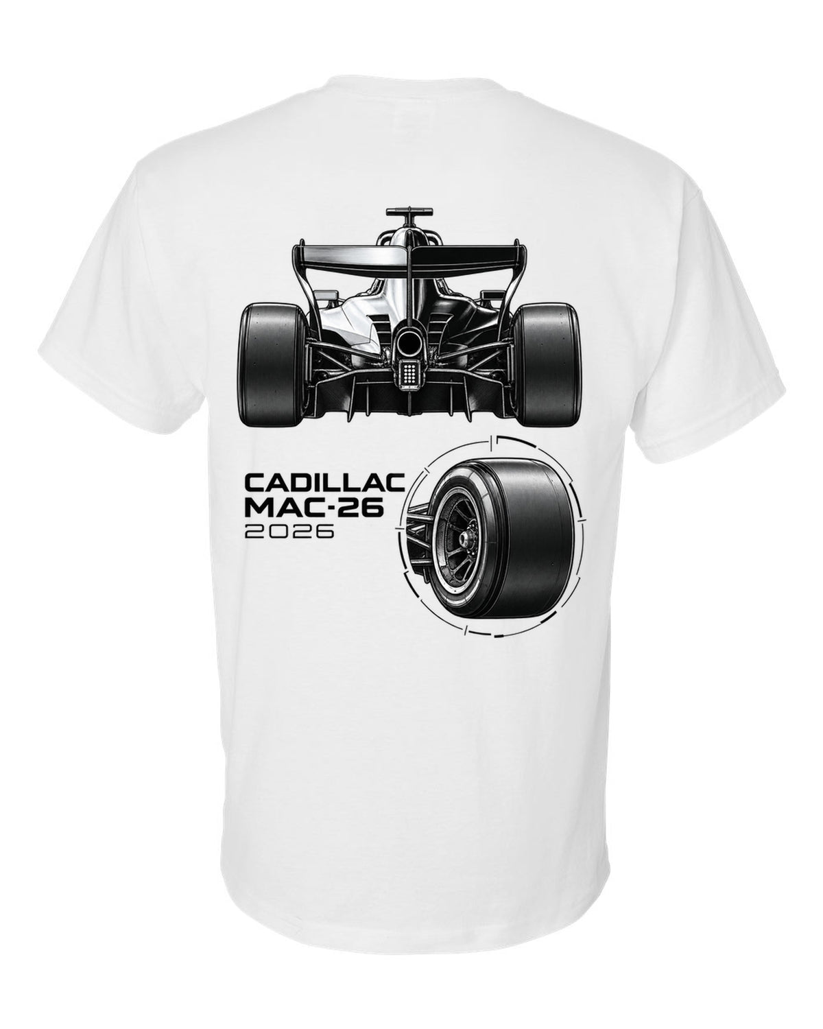 Cadillac MAC-26 2026 F1 car technical poster artwork white t-shirt back view with the design