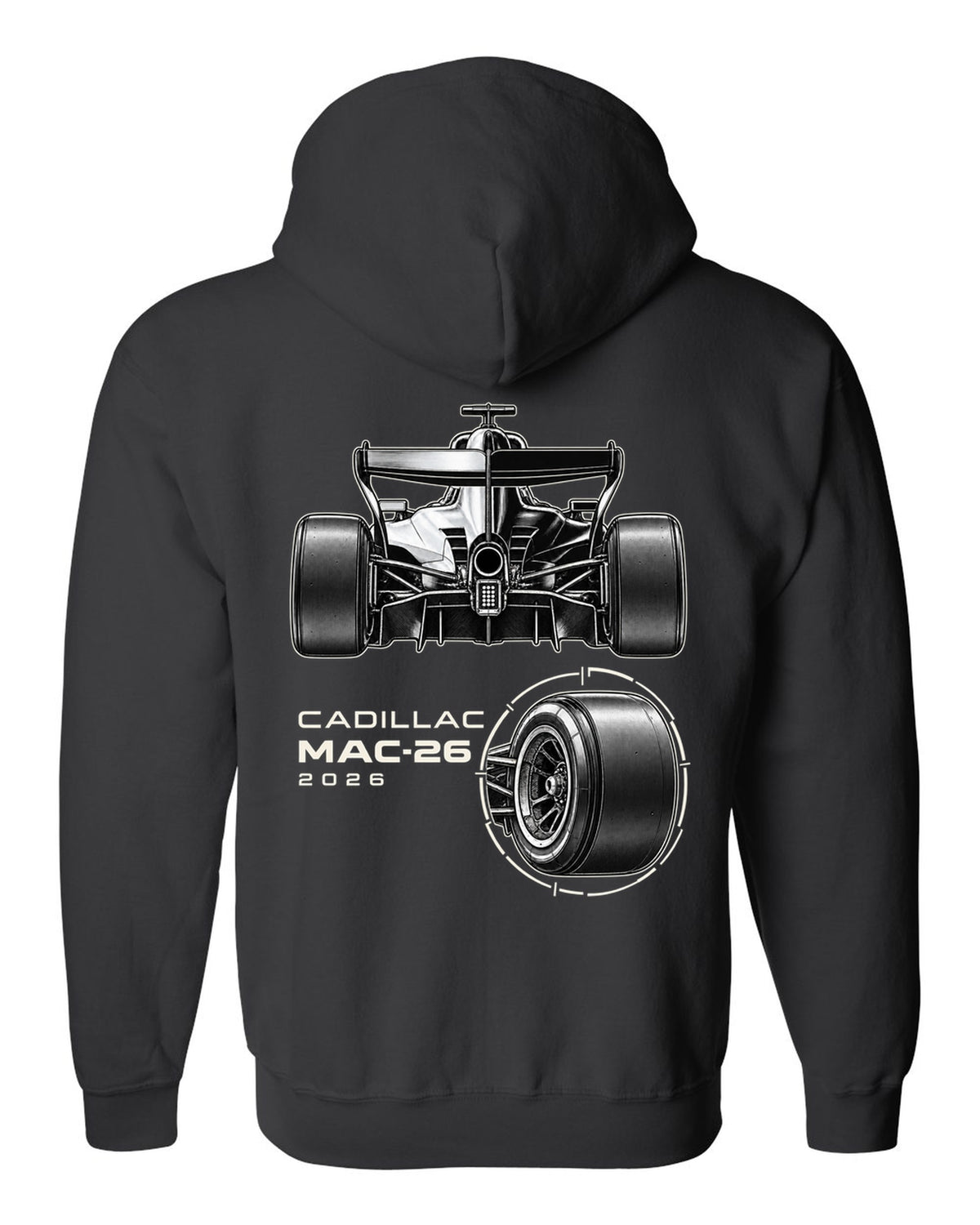 Cadillac MAC-26 2026 F1 car technical poster artwork black zip hoodie back view with the design