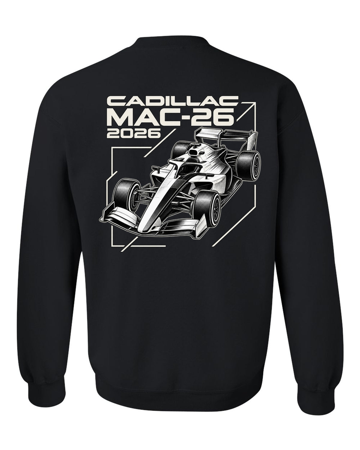 Cadillac MAC-26 2026 F1 car technical poster artwork black crewneck back view with the design