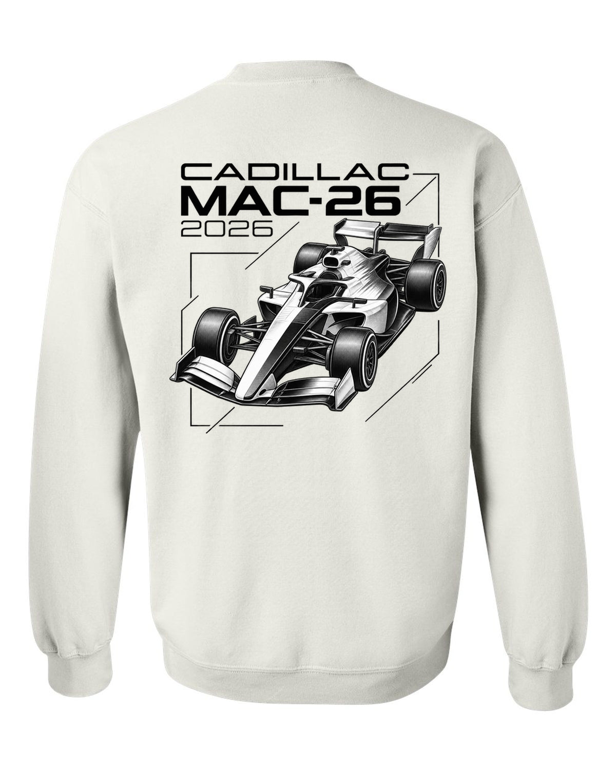 Cadillac MAC-26 2026 F1 car technical poster artwork white crewneck back view with the design