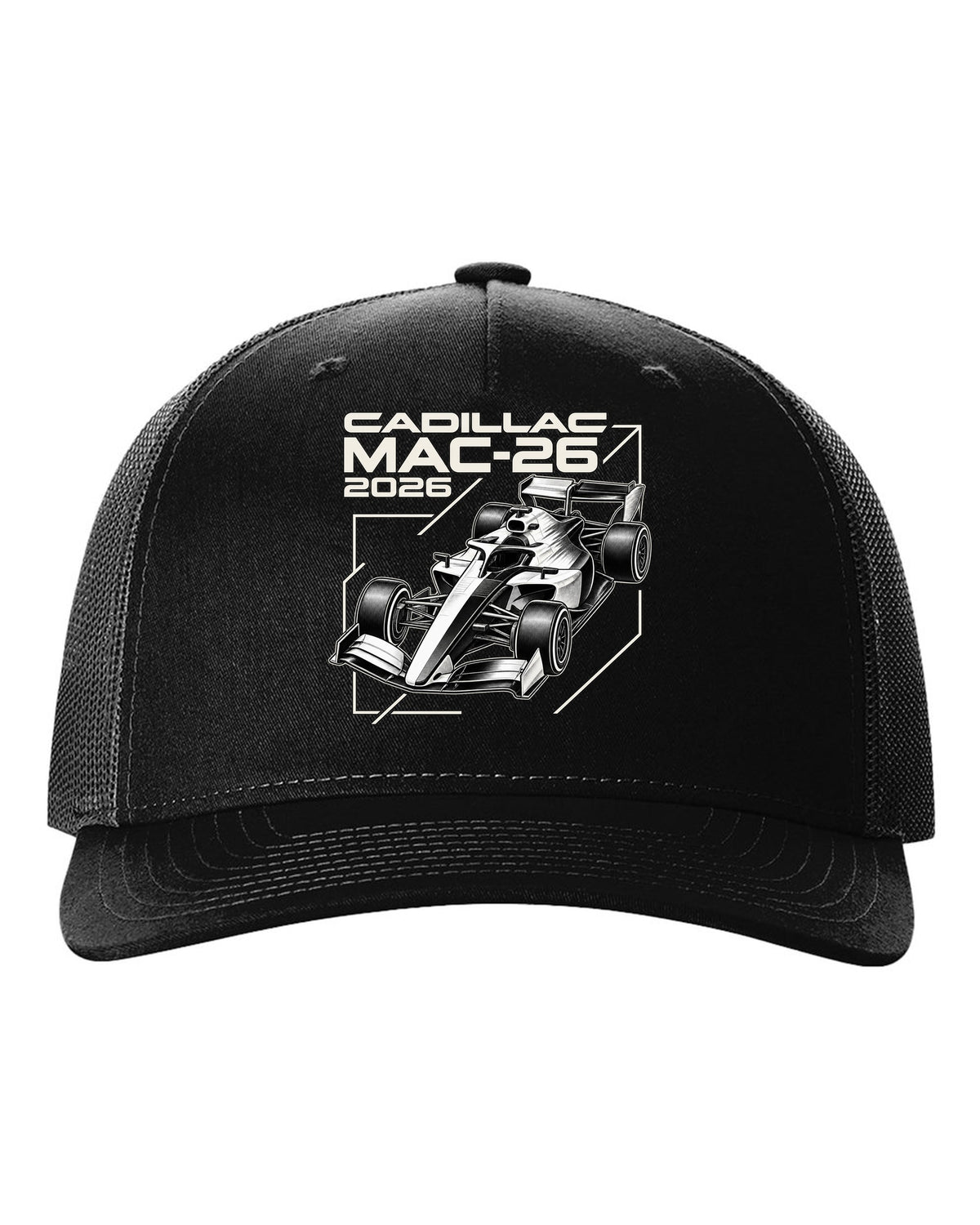 Cadillac MAC-26 2026 F1 car technical poster artwork black hat front view with the design