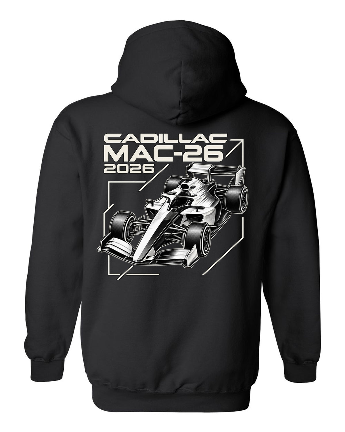 Cadillac MAC-26 2026 F1 car technical poster artwork black pull over hoodie back view with the design