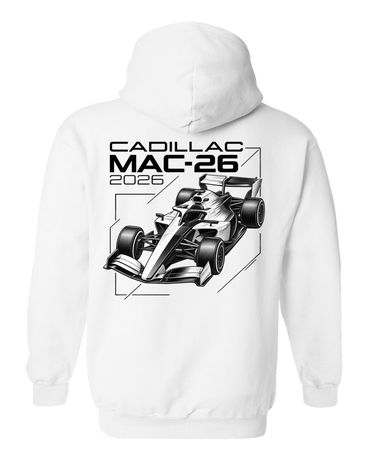 Cadillac MAC-26 2026 F1 car technical poster artwork white pull over hoodie back view with the design