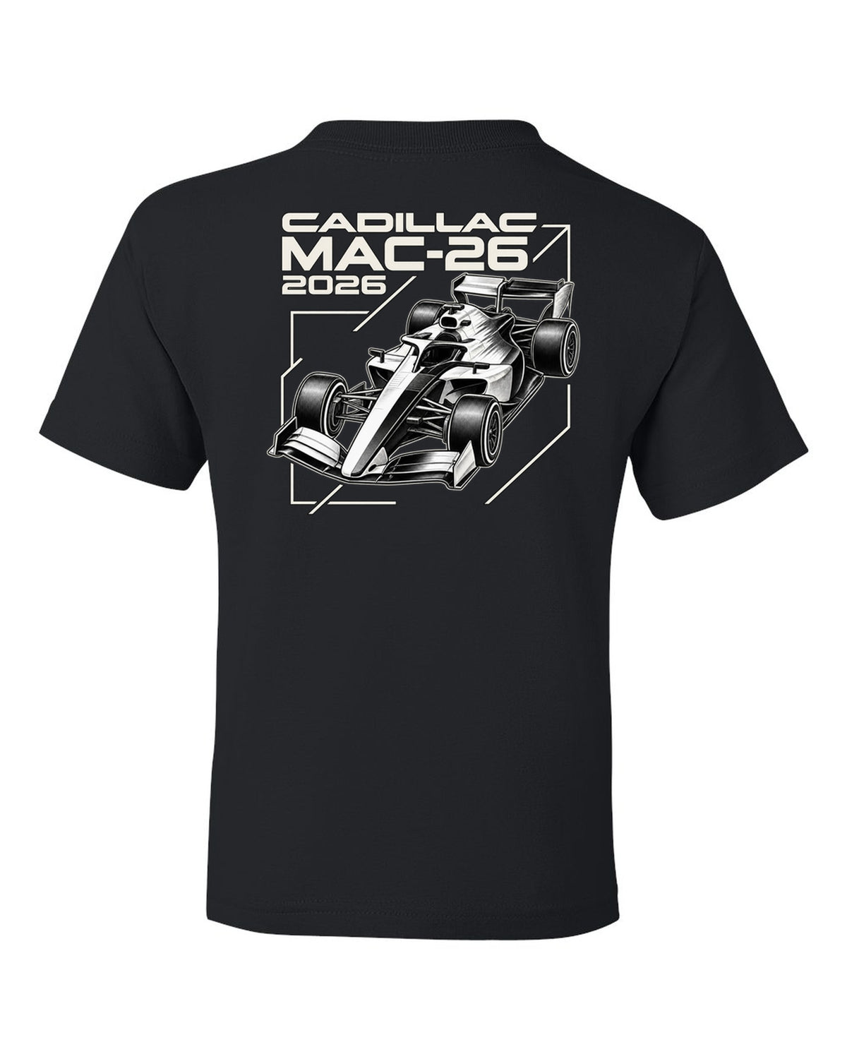 Cadillac MAC-26 2026 F1 car technical poster artwork black kids tee back view with the design