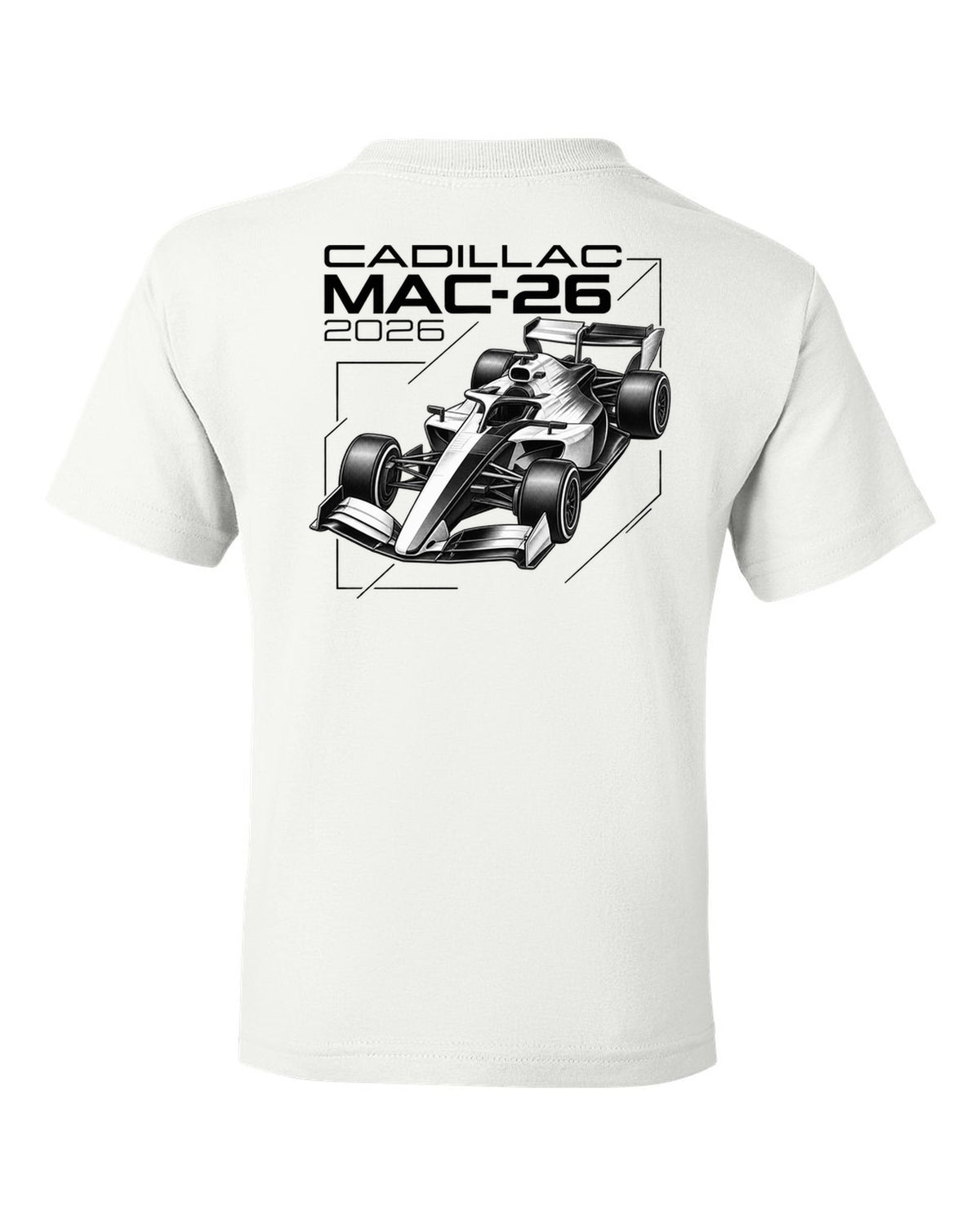 Cadillac MAC-26 2026 F1 car technical poster artwork white kids tee back view with the design