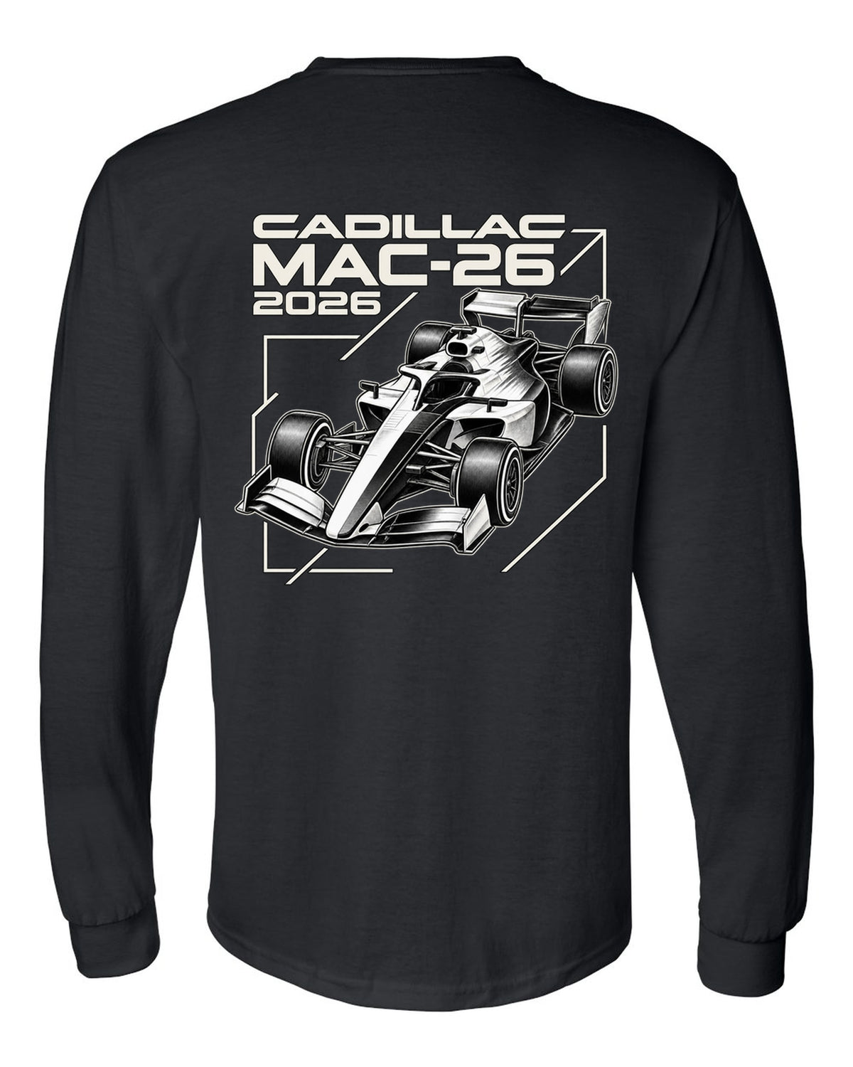 Cadillac MAC-26 2026 F1 car technical poster artwork black long sleeve back view with the design