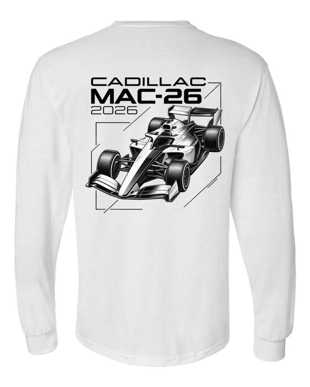 Cadillac MAC-26 2026 F1 car technical poster artwork white long sleeve back view with the design