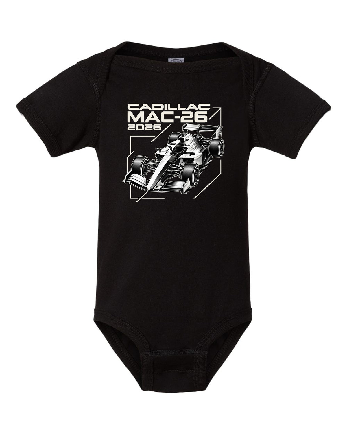 Cadillac MAC-26 2026 F1 car technical poster artwork black baby onesie front view with the design