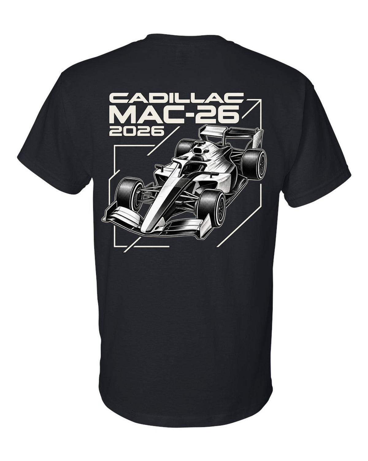 Cadillac MAC-26 2026 F1 car technical poster artwork black t-shirt back view with the design