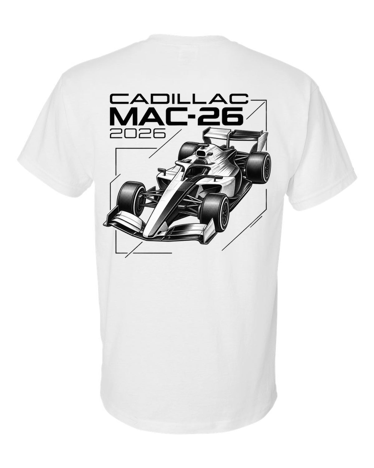Cadillac MAC-26 2026 F1 car technical poster artwork white t-shirt back view with the design