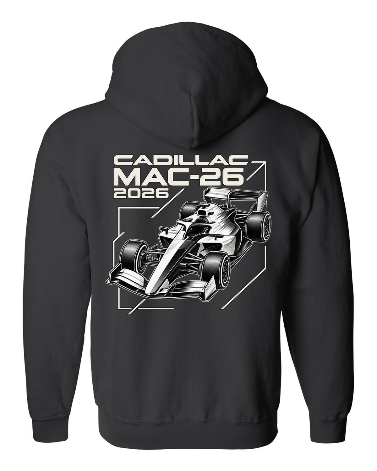 Cadillac MAC-26 2026 F1 car technical poster artwork black zip hoodie back view with the design